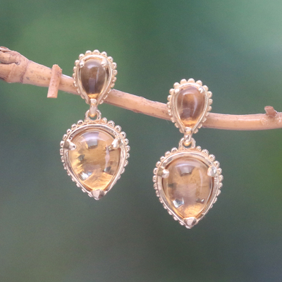 Gold plated citrine dangle earrings, 'Vintage Ace' - 14k Gold Plated Citrine Dangle Earrings from Bali