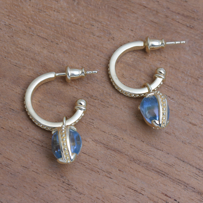 Gold plated blue topaz dangle earrings, 'Vintage Gleam' - Gold Plated Blue Topaz Half-Hoop Dangle Earrings from Bali