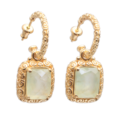 Gold plated prehnite dangle earrings, 'Buddha's Curl Memories' - 18k Gold Plated Prehnite Buddha Curl Earrings from Bali