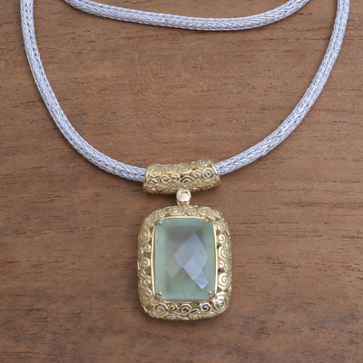Gold accented prehnite pendant necklace, 'Buddha's Curl Memories' - Gold Accent Prehnite Pendant Necklace from Bali