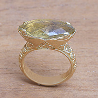 Gold plated lemon quartz cocktail ring, 'Glittering Boat'