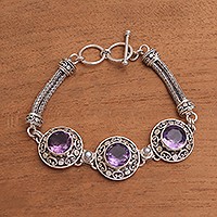 Amethyst and cultured pearl pendant bracelet, 'Temple Roof' - 10-Carat Amethyst and Cultured Pearl Pendant Bracelet