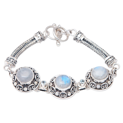 Rainbow moonstone and blue topaz pendant bracelet, 'Temple Roof' - Rainbow Moonstone and Blue Topaz Pendant Bracelet