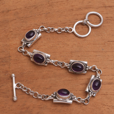 Amethyst link bracelet, 'Regal Domes' - Oval Amethyst Link Bracelet from Bali