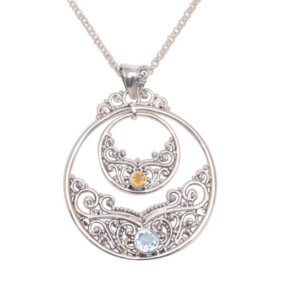 Blue topaz and citrine pendant necklace, 'Elegant Horizon' - Blue Topaz and Citrine Pendant Necklace Bali