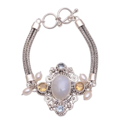 Multi-gemstone pendant bracelet, 'Frangipani Lights' - Floral Multi-Gemstone Pendant Bracelet from Bali