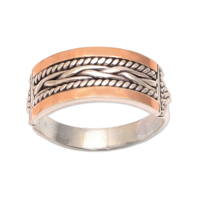 Gold accented sterling silver band ring, 'Underground River' - Sterling Silver Braid Motif with 18K Gold Accent Band Ring