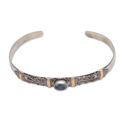 Gold accented blue topaz cuff bracelet, 'Fanciful Fronds' - Blue Topaz 18K Gold Accent on Sterling Silver Cuff Bracelet