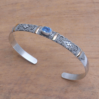 18k gold accent blue topaz cuff bracelet, 'Dot Elegance' - 18K Gold Accent on Sterling Silver Blue Topaz Cuff Bracelet