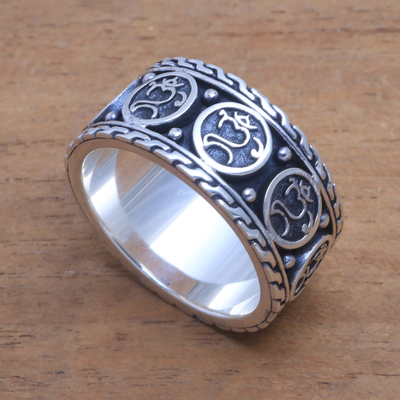 Men's sterling silver band ring, 'Omkara Blessing' - Men's Sterling Silver Om Band Ring from Bali