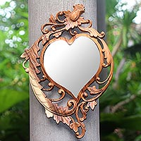 Wood wall mirror, 'Lotus Heart'