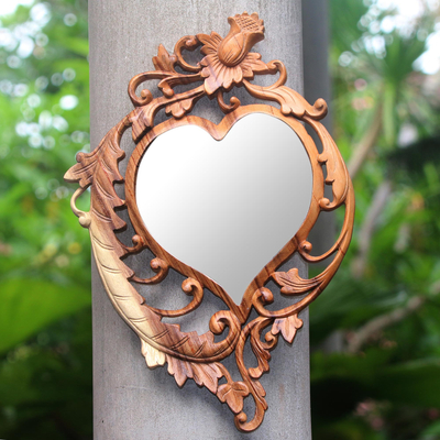 Espejo de pared de madera - Espejo de pared de madera con diseño floral en forma de corazón de Bali