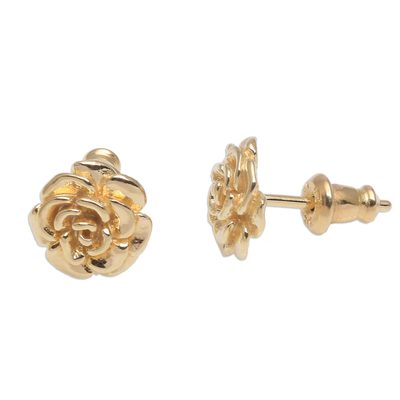 Gold plated sterling silver stud earrings, 'Blooming Rose' (.4 inch) - 18k Gold Plated Sterling Silver Rose Stud Earrings (.4 inch)