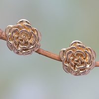 Gold plated sterling silver stud earrings, 'Blooming Rose' (.5 inch) - 18k Gold Plated Sterling Silver Rose Stud Earrings (.5 inch)