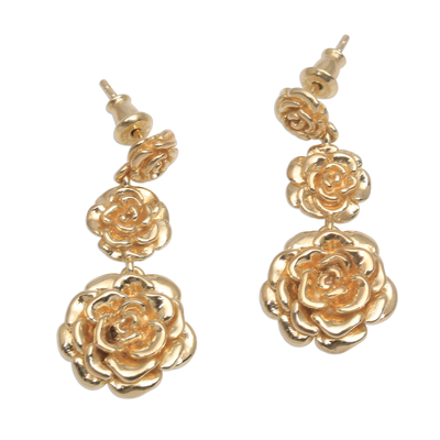 Gold plated sterling silver dangle earrings, 'Blooming Rose Trio' - Rose Trio 18k Gold Plated Sterling Silver Dangle Earrings