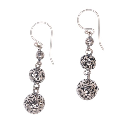 Sterling silver dangle earrings, 'Plumeria Baubles' - Sterling Silver Bauble Dangle Earrings from Bali
