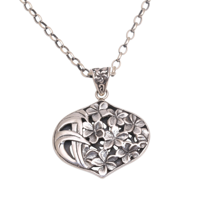 Sterling silver pendant necklace, 'Gathered Plumeria' - Frangipani Flower Sterling Silver Pendant Necklace from Bali