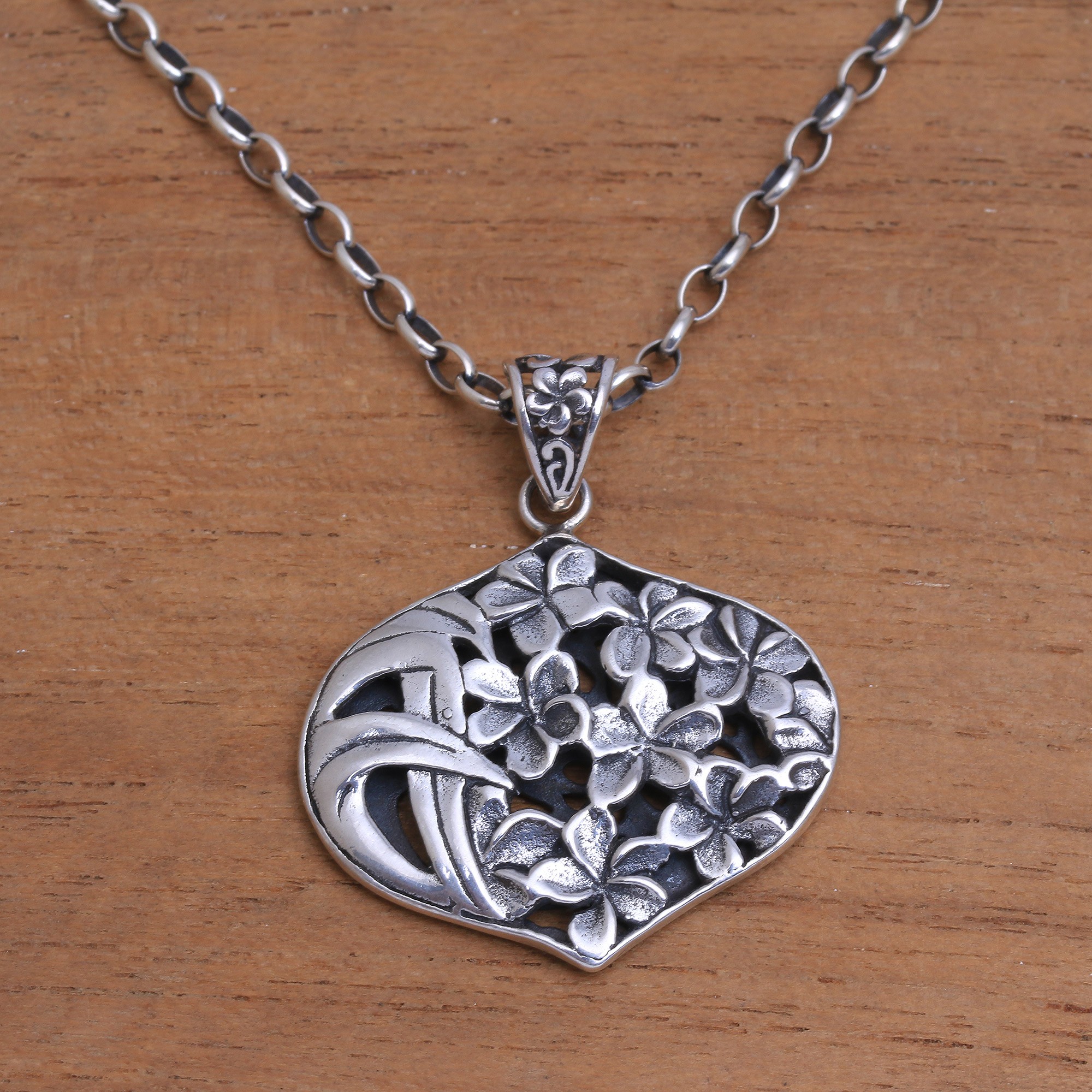 Frangipani Flower Sterling Silver Pendant Necklace from Bali Gathered