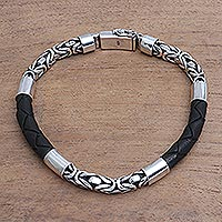 Men's Sterling Silver and Leather Bracelet in Black,'Strong Unity in Black'
