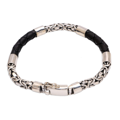 Men's Sterling Silver and Leather Bracelet in Black - Strong Unity in ...