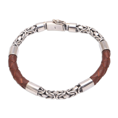 Men's sterling silver and leather bracelet, 'Strong Unity in Brown' - Men's Sterling Silver and Leather Bracelet in Brown