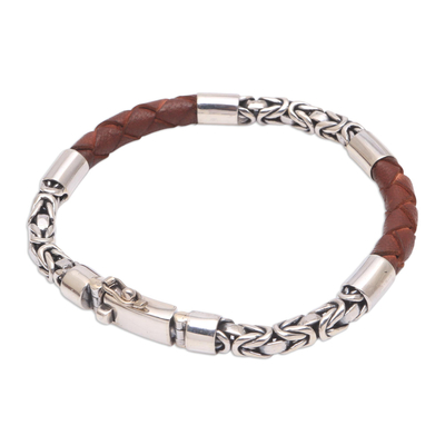 Men's sterling silver and leather bracelet, 'Strong Unity in Brown' - Men's Sterling Silver and Leather Bracelet in Brown