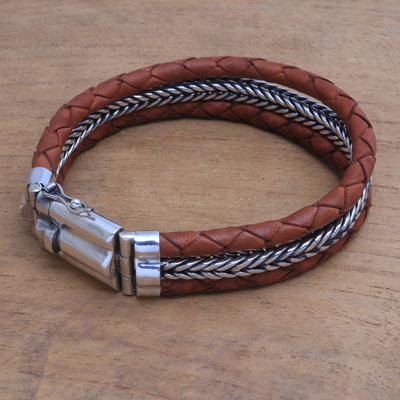 Men's sterling silver and leather bracelet, 'Three Snakes in Brown' - Men's Sterling Silver and Brown Leather Bracelet from Bali