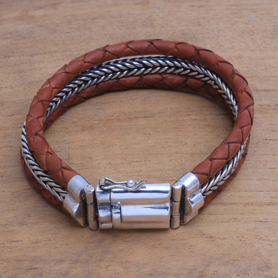 Men's sterling silver and leather bracelet, 'Three Snakes in Brown' - Men's Sterling Silver and Brown Leather Bracelet from Bali