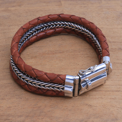 Men's Sterling Silver and Brown Leather Bracelet from Bali - Three ...