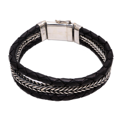 Men's sterling silver and leather bracelet, 'Three Snakes in Black' - Men's Sterling Silver and Black Leather Bracelet from Bali