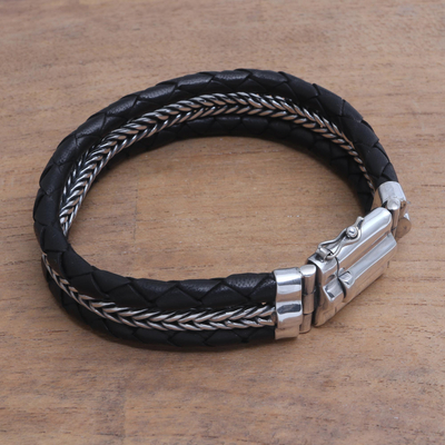 Men's sterling silver and leather bracelet, 'Three Snakes in Black' - Men's Sterling Silver and Black Leather Bracelet from Bali