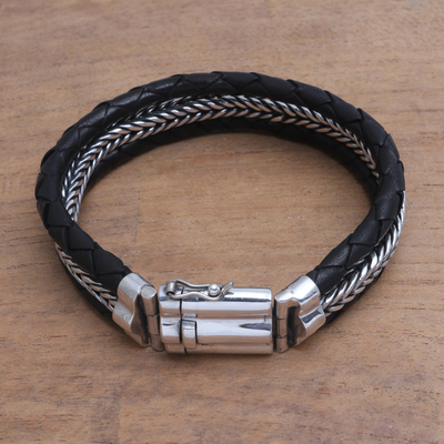 Men's sterling silver and leather bracelet, 'Three Snakes in Black' - Men's Sterling Silver and Black Leather Bracelet from Bali