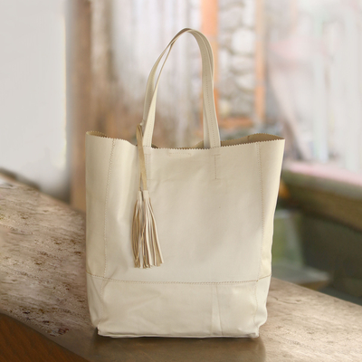 Leather tote, 'Sumatra Style' - Stylish Leather Tote Handbag in Alabaster from Bali