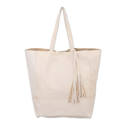 Leather tote, 'Sumatra Style' - Stylish Leather Tote Handbag in Alabaster from Bali