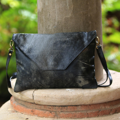Leather Sling, 'Stylish Envelope in Ebony' - Envelope-Shaped Leather Sling in Ebony from Bali
