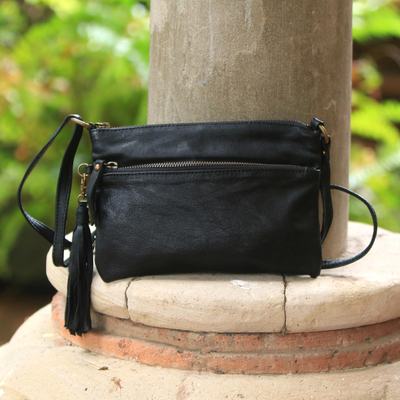 Leather sling, 'Vintage Pouch in Ebony' - Artisan Crafted Leather Sling in Ebony from Bali