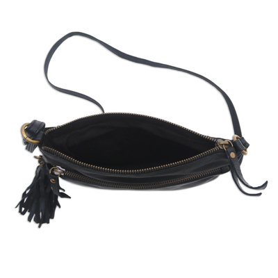 Leather sling, 'Vintage Pouch in Ebony' - Artisan Crafted Leather Sling in Ebony from Bali