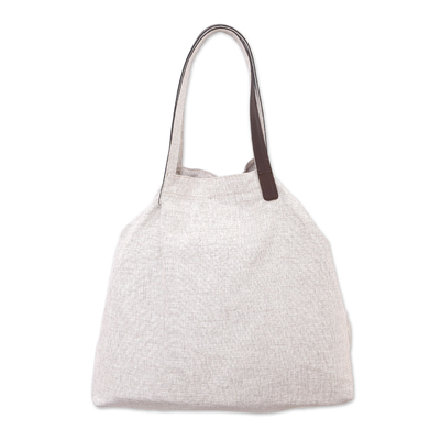 Leather Accent Cotton Tote in Solid Oyster from Java