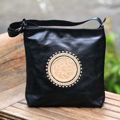 Leather shoulder bag Lotus Carrier in Black
