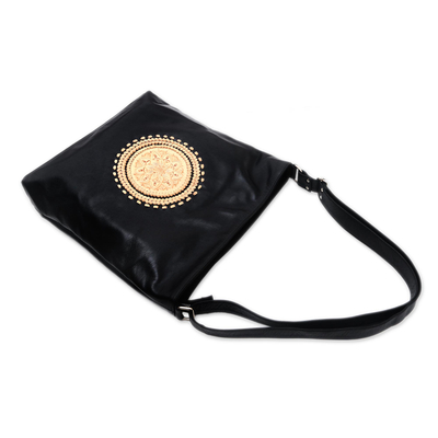 Leder-Tasche, 'Lotus Carrier in Schwarz' - Lotusblumen-Tasche aus Leder in Schwarz von Bali