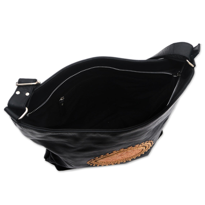 Leather shoulder bag, 'Lotus Carrier in Black' - Lotus Flower Leather Shoulder Bag from Bali