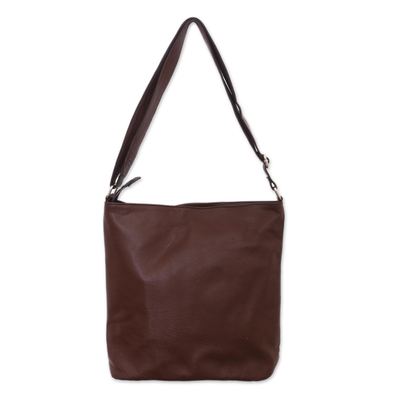 Leather shoulder bag, 'Lotus Carrier in Mahogany' - Floral Pattern Leather Shoulder Bag from Bali