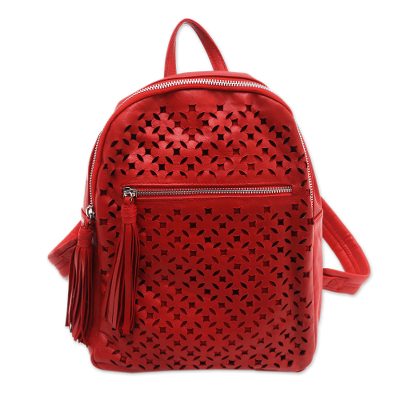 Leather backpack, 'Truntum Pattern' - Truntum Pattern Leather Backpack in Crimson from Bali