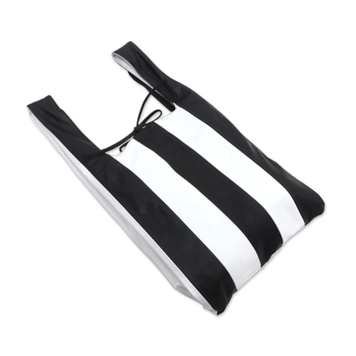 Leather tote, 'Kresek Style' - Black and White Striped Leather Tote from Bali