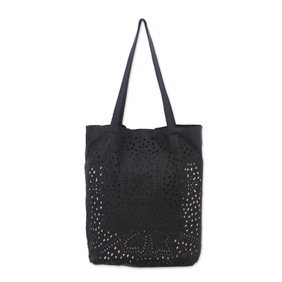 Leather shoulder bag, 'Jogja Stars in Black' - Floral Openwork Leather Shoulder Bag in Black from Bali