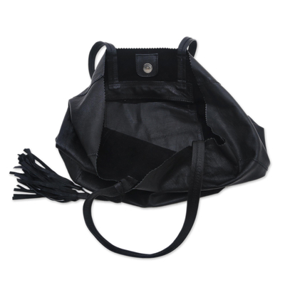 Leather tote, 'Jogja Shopper in Black' - Handmade Leather Tote Handbag in Black from Bali