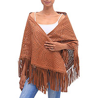 Leather shawl, 'Keraton Majesty in Ginger' - Patterned Leather Shawl in Ginger from Bali