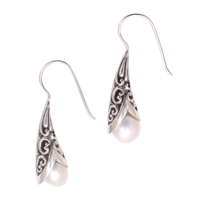 Cultured pearl drop earrings, 'Emerging Beauty in White' - White Cultured Pearl Drop Earrings from Bali