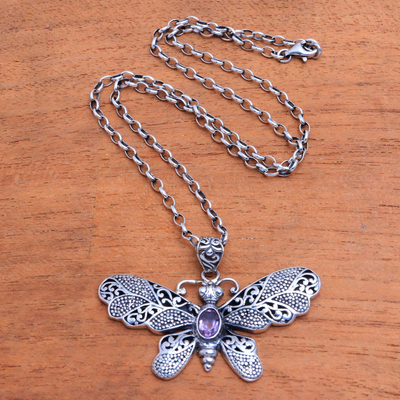 Amethyst pendant necklace, 'Elaborate Butterfly' - Amethyst and Sterling Silver Butterfly Pendant Necklace