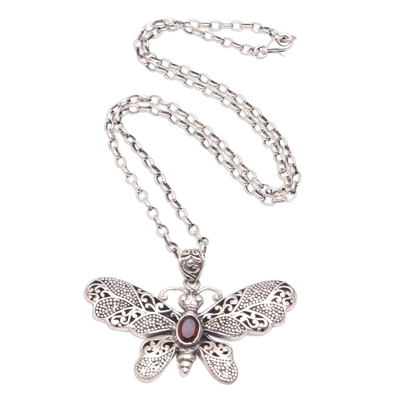 Garnet pendant necklace, 'Elaborate Butterfly' - Garnet and Sterling Silver Butterfly Pendant Necklace
